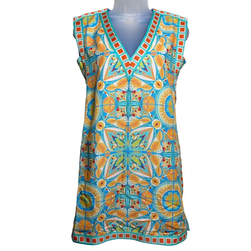 Emily McCarthy Poolside Tile AOP V-Neck Sleeveless Shift Mini‎ Dress Womens XS